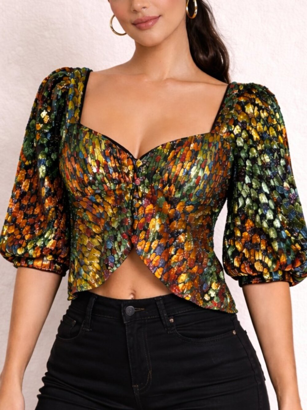 X by NBD Multicolor Metallic Velvet Cropped Peplum Blouse Size S